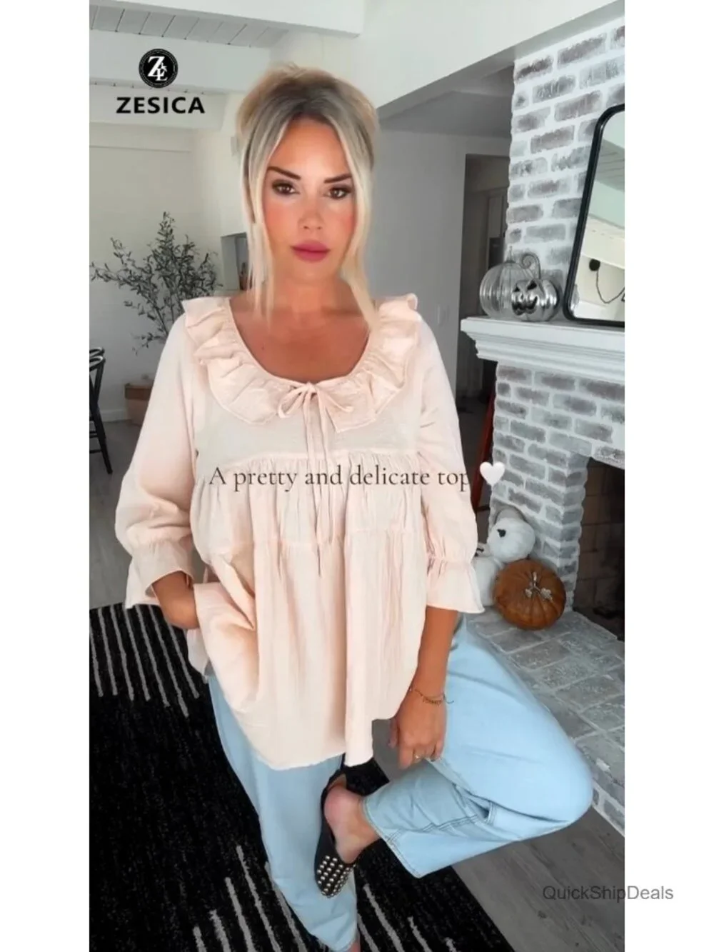 3/4 Sleeve Scoop Neck Tie Front Ruffle Tunic Blouse